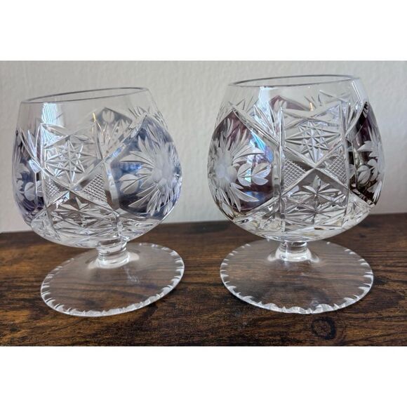 Vintage French Hand Cut Crystal  Cognac Glasses/ Set Of 2 - Picture 2 of 5